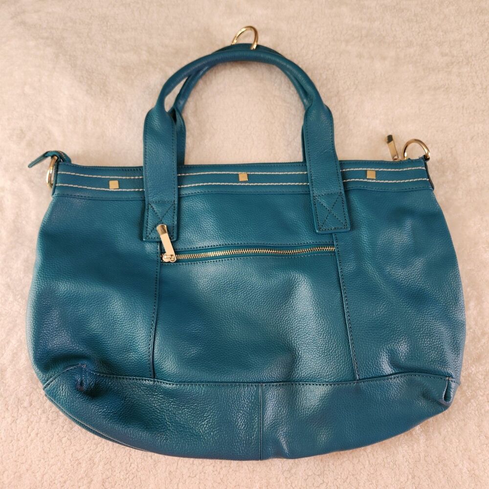 Cuore & Pelle Amelia Bag Teal Pebbled Leather Large Tote Zip Up Pockets Purse